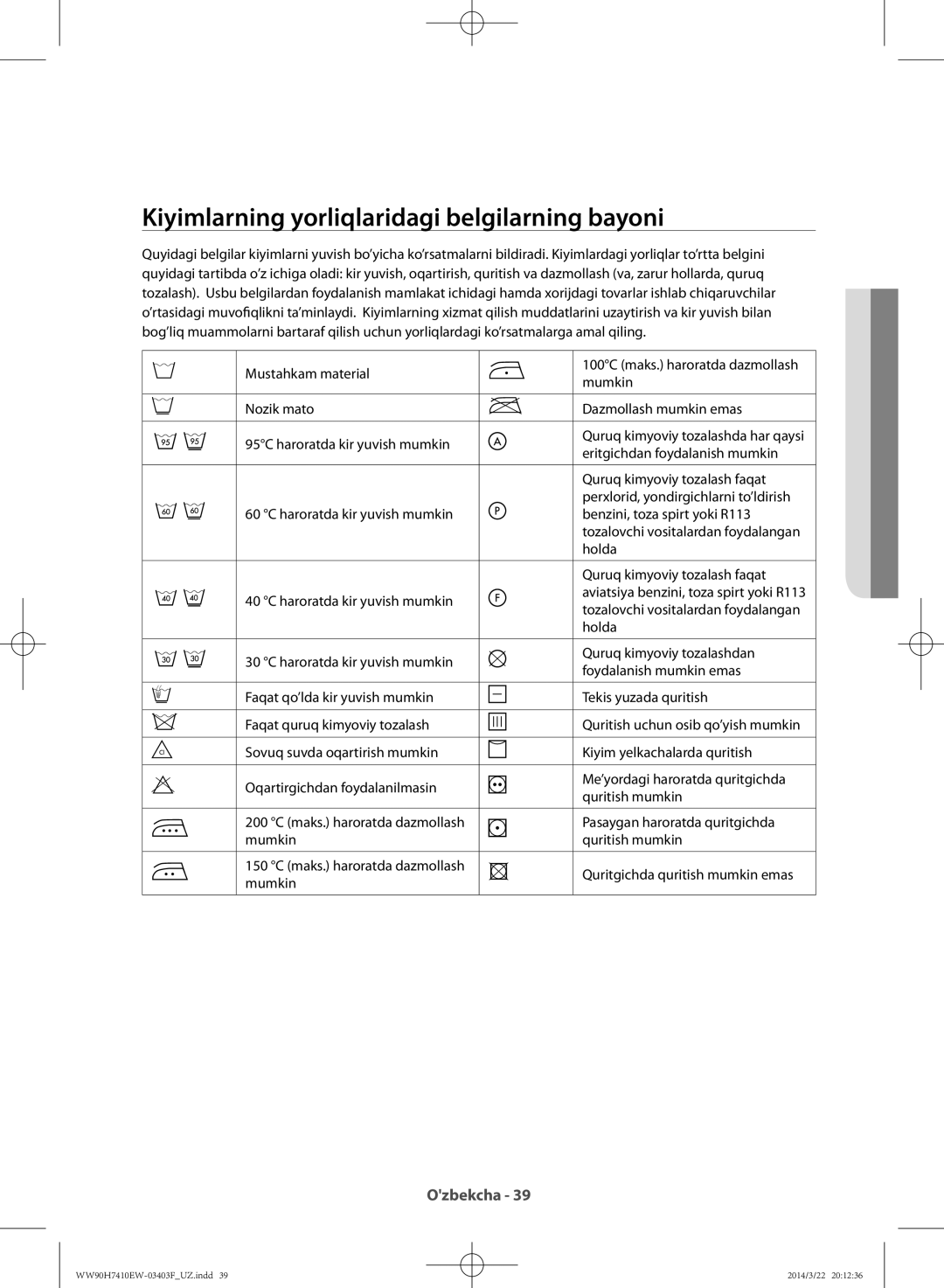 Samsung WW90H7410EW/LP, WW80H7410EW/LP manual Kiyimlarning yorliqlaridagi belgilarning bayoni 