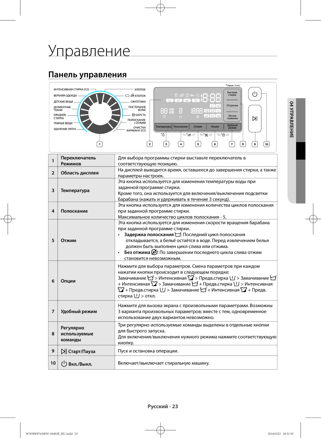 Samsung WW90H7410EW/LP, WW80H7410EW/LP manual Управление, Панель управления 