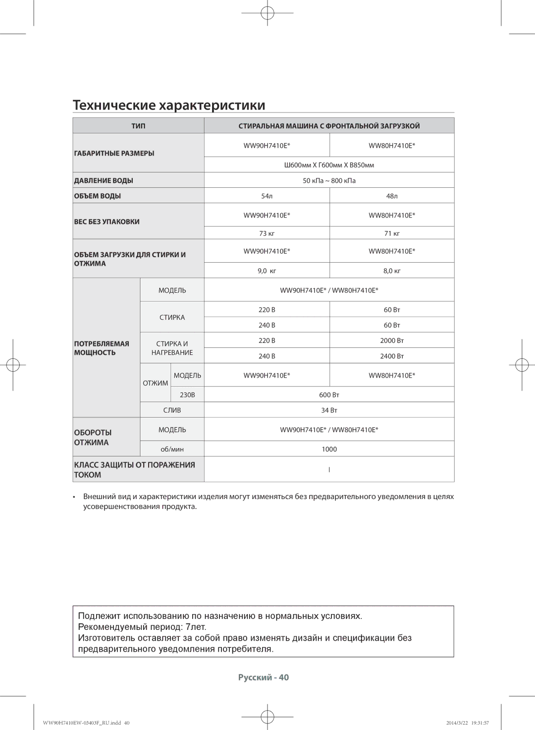 Samsung WW80H7410EW/LP, WW90H7410EW/LP manual Технические характеристики, Обороты, Отжима, Током 