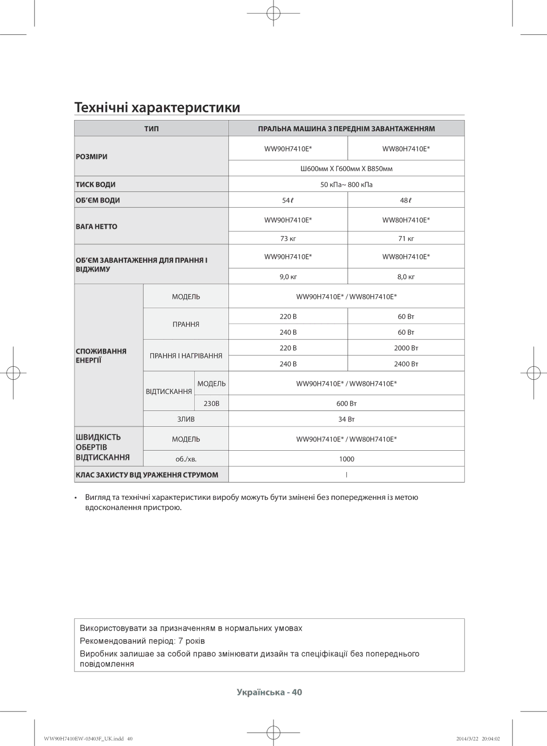 Samsung WW80H7410EW/LP, WW90H7410EW/LP manual Технічні характеристики, Швидкість, Обертів Відтискання 