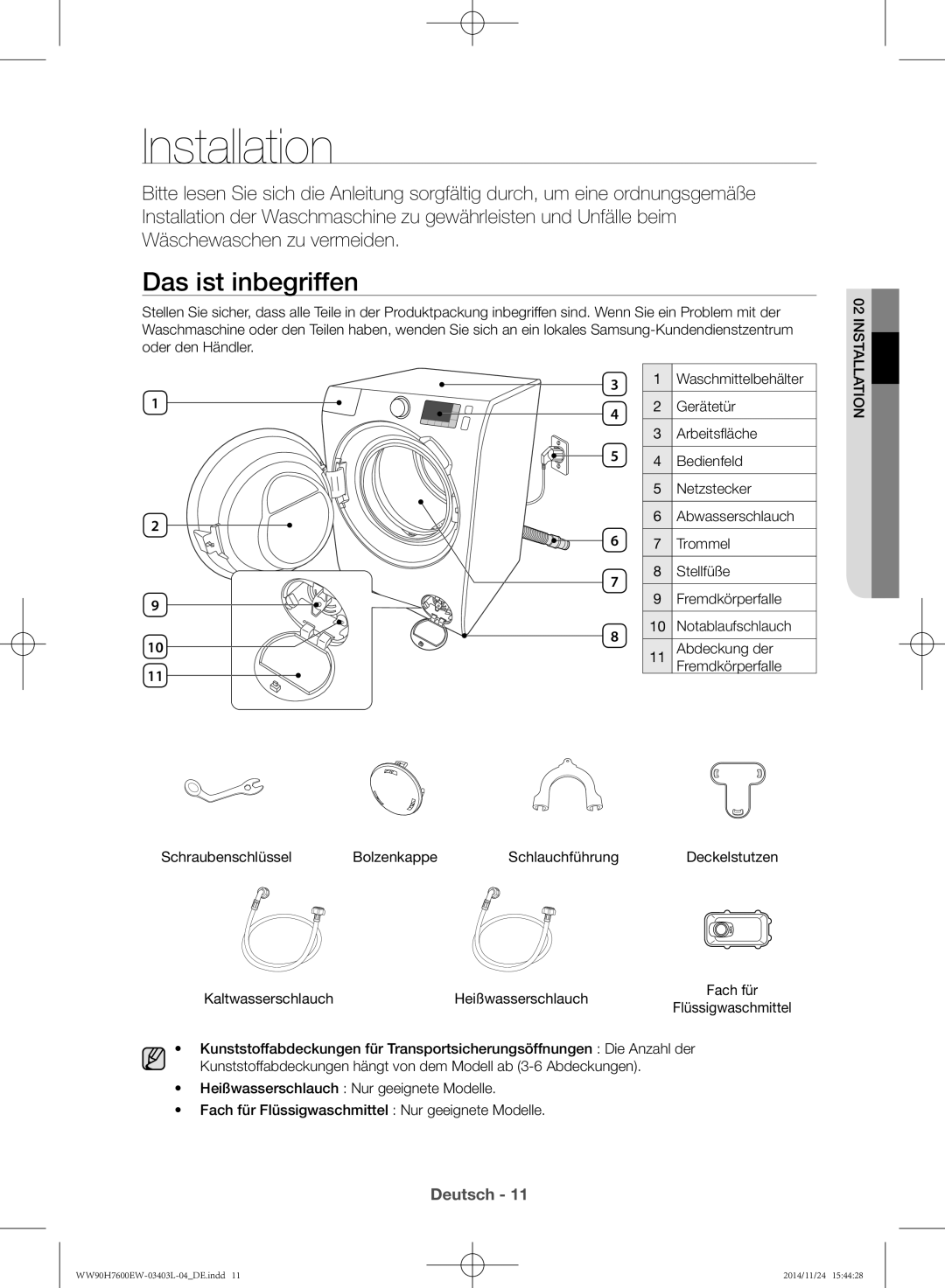 Samsung WW80H7400EW/EG, WW80H7600EW/EG manual Installation, Das ist inbegriffen 