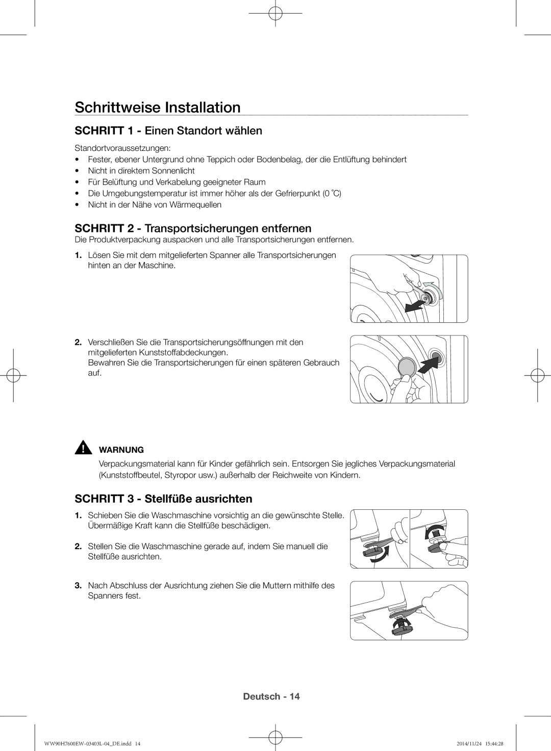 Samsung WW80H7600EW/EG, WW80H7400EW/EG manual Schrittweise Installation, Schritt 3 Stellfüße ausrichten 