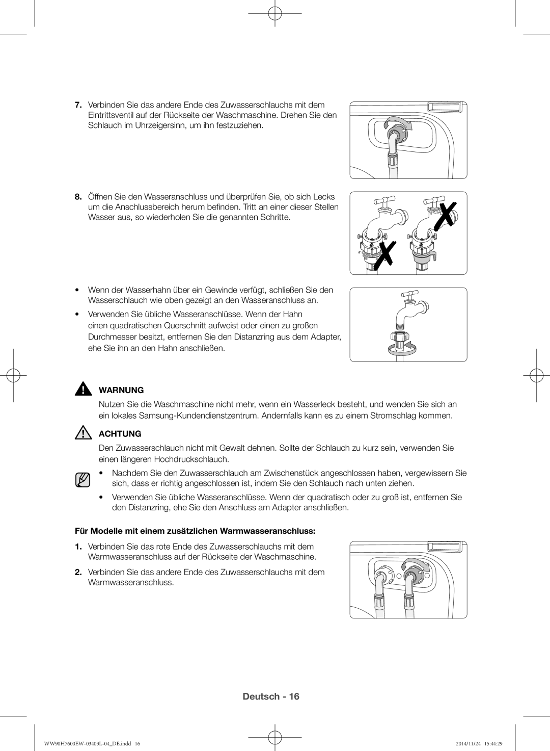 Samsung WW80H7600EW/EG, WW80H7400EW/EG manual Achtung, Für Modelle mit einem zusätzlichen Warmwasseranschluss 