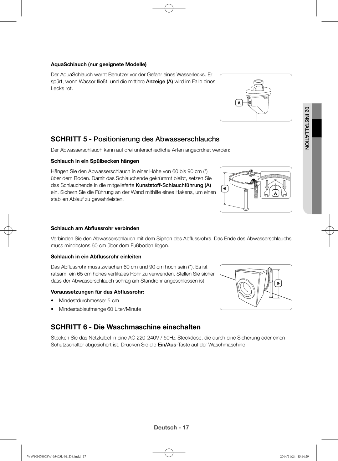 Samsung WW80H7400EW/EG, WW80H7600EW/EG manual Schritt 6 Die Waschmaschine einschalten 