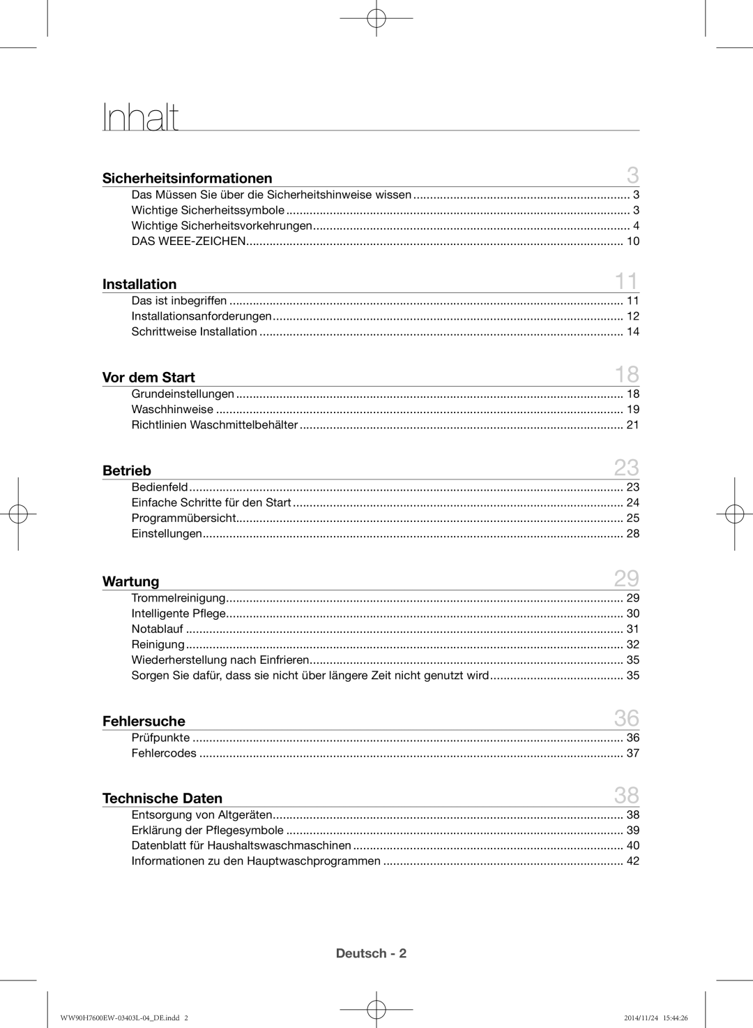 Samsung WW80H7600EW/EG, WW80H7400EW/EG manual Inhalt, Sicherheitsinformationen 