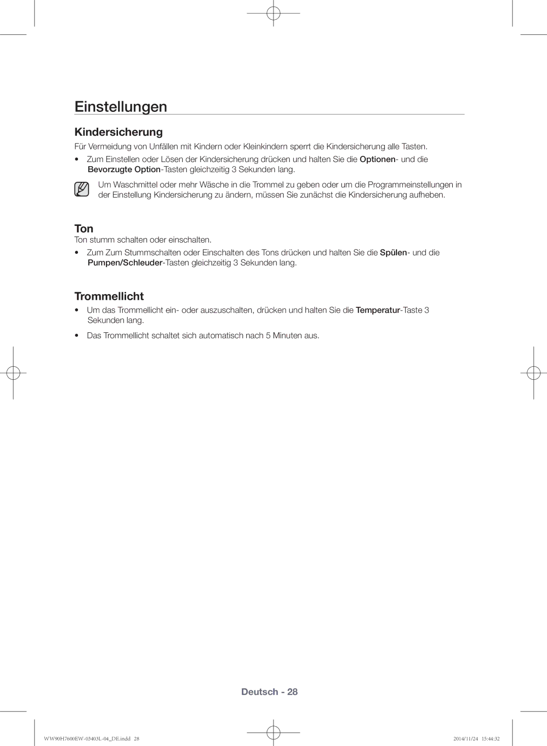 Samsung WW80H7600EW/EG, WW80H7400EW/EG manual Einstellungen, Kindersicherung, Ton, Trommellicht 