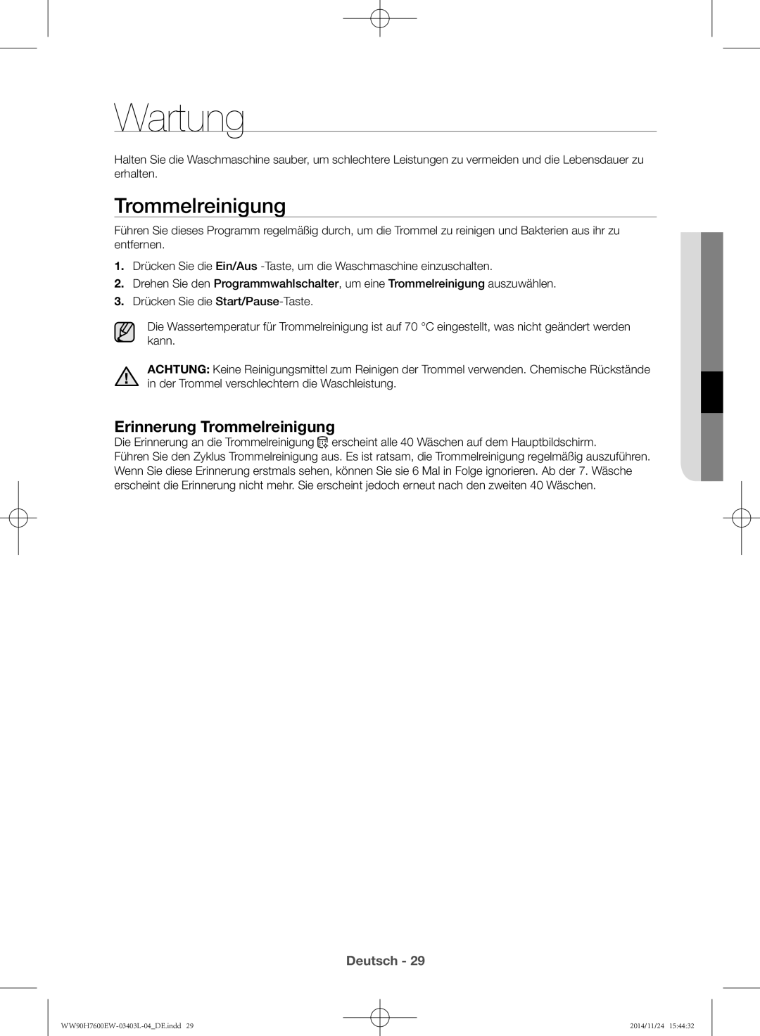 Samsung WW80H7400EW/EG, WW80H7600EW/EG manual Wartung, Erinnerung Trommelreinigung 