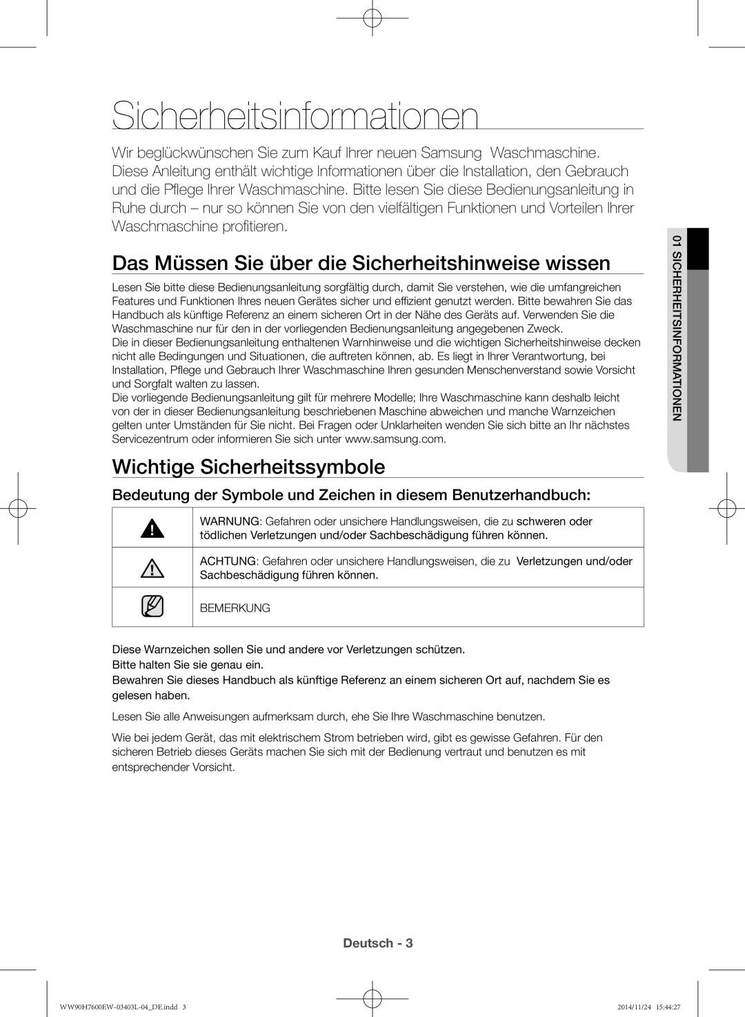 Samsung WW80H7400EW/EG, WW80H7600EW/EG manual Sicherheitsinformationen, Das Müssen Sie über die Sicherheitshinweise wissen 