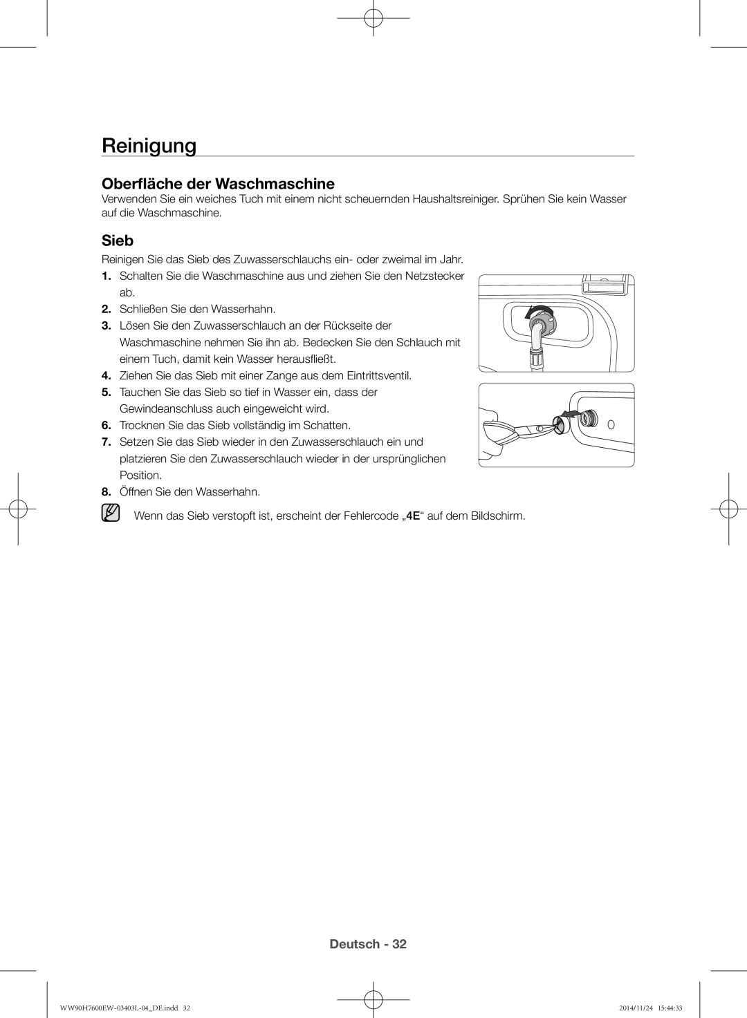 Samsung WW80H7600EW/EG, WW80H7400EW/EG manual Reinigung, Oberfäche der Waschmaschine, Sieb 