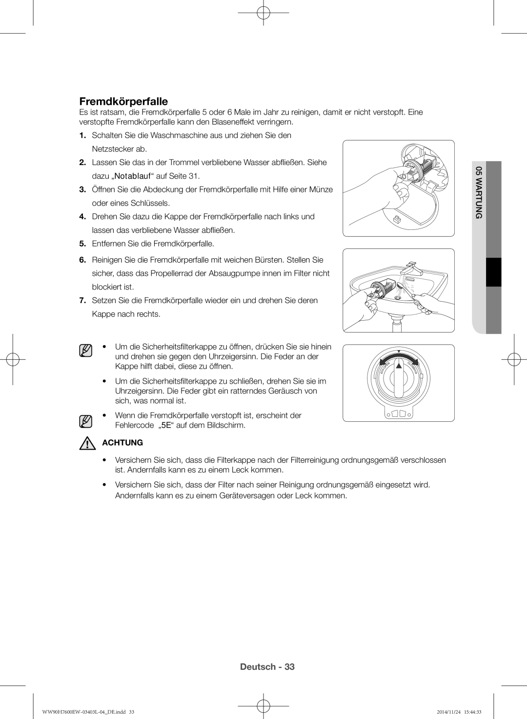 Samsung WW80H7400EW/EG, WW80H7600EW/EG manual Fremdkörperfalle 