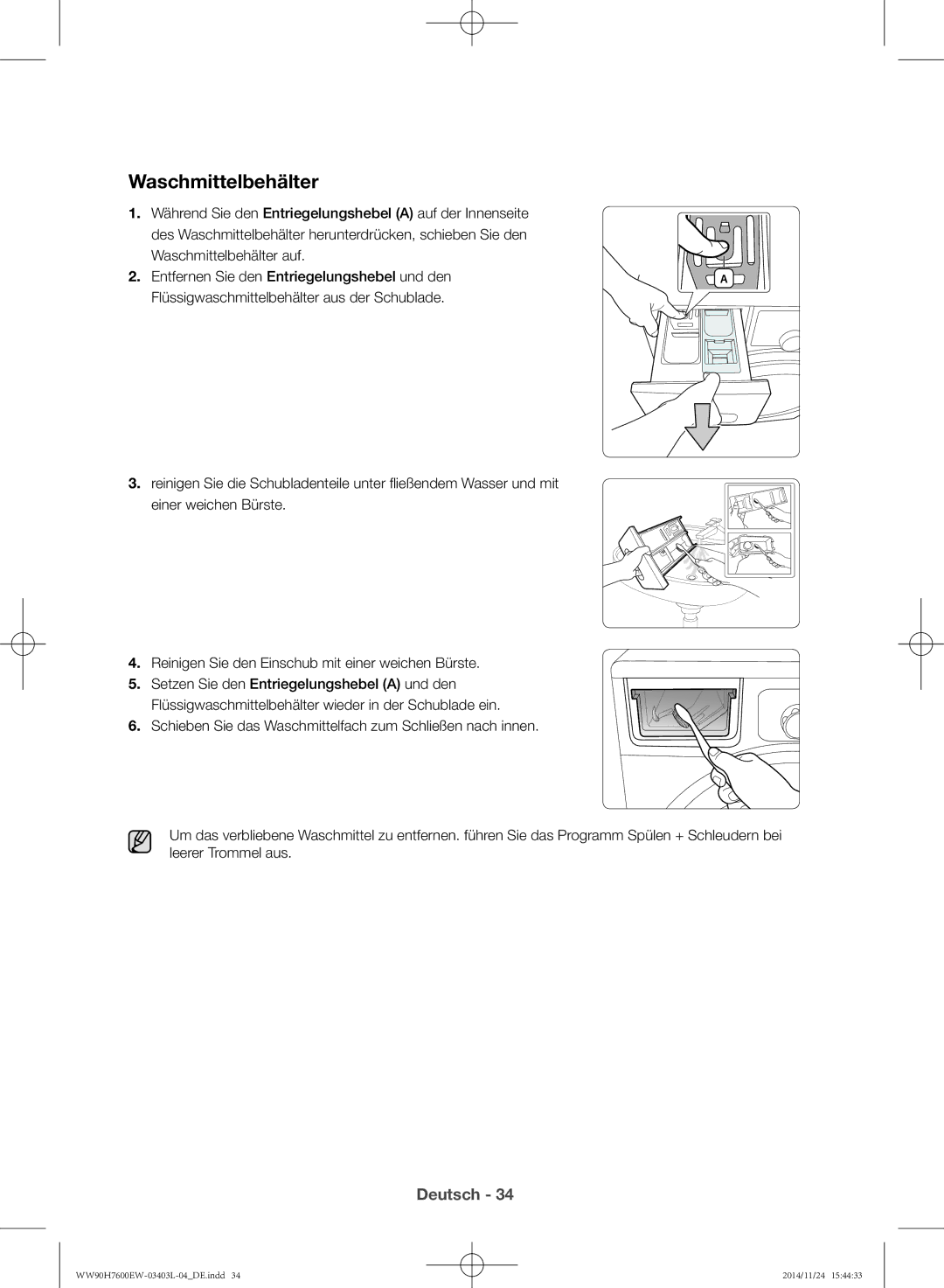 Samsung WW80H7600EW/EG, WW80H7400EW/EG manual Waschmittelbehälter 