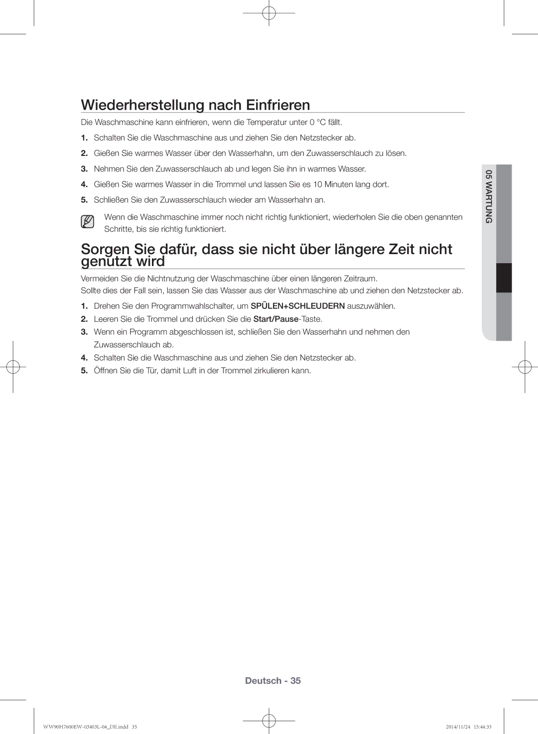 Samsung WW80H7400EW/EG, WW80H7600EW/EG manual Wiederherstellung nach Einfrieren 