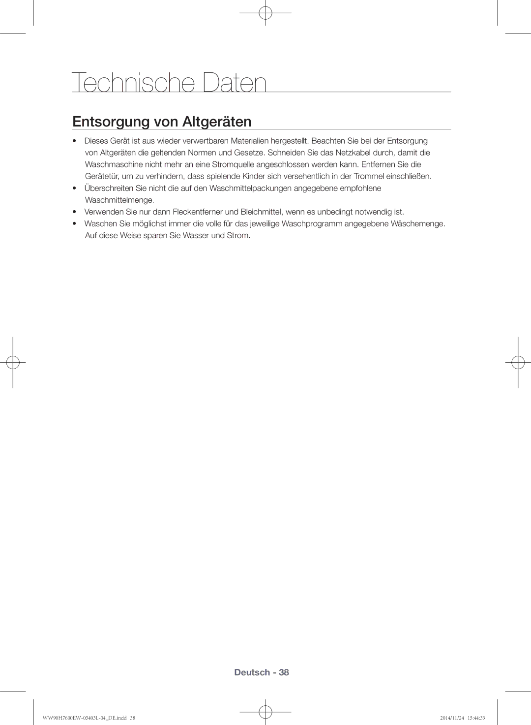 Samsung WW80H7600EW/EG, WW80H7400EW/EG manual Technische Daten, Entsorgung von Altgeräten 