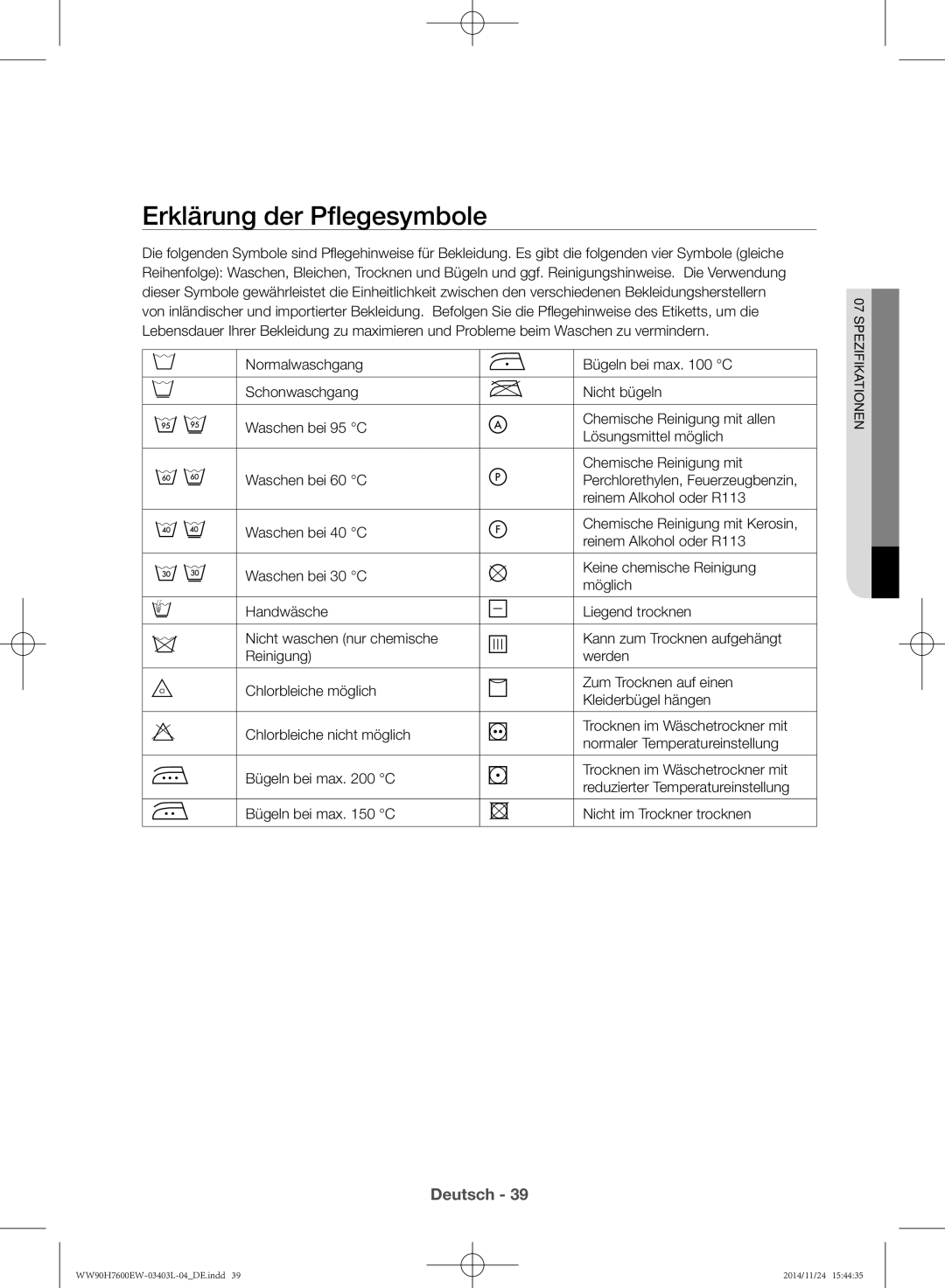 Samsung WW80H7400EW/EG, WW80H7600EW/EG manual Erklärung der Pfegesymbole 