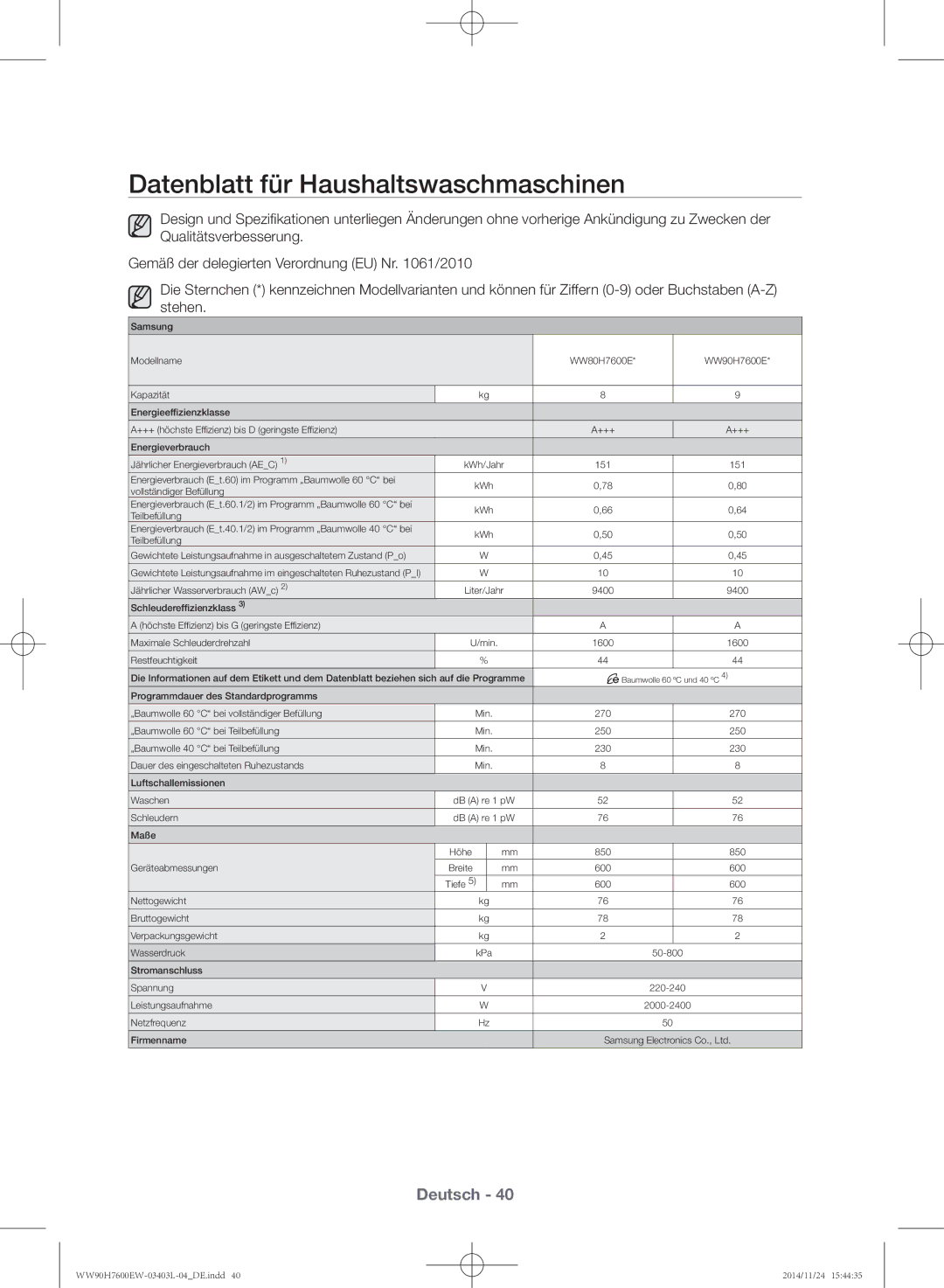 Samsung WW80H7600EW/EG, WW80H7400EW/EG manual Datenblatt für Haushaltswaschmaschinen 