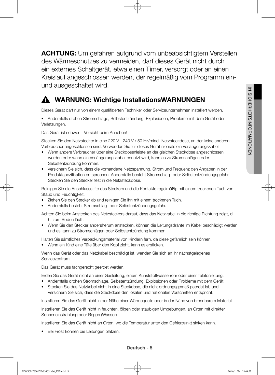 Samsung WW80H7400EW/EG, WW80H7600EW/EG manual Warnung Wichtige InstallationsWARNUNGEN 