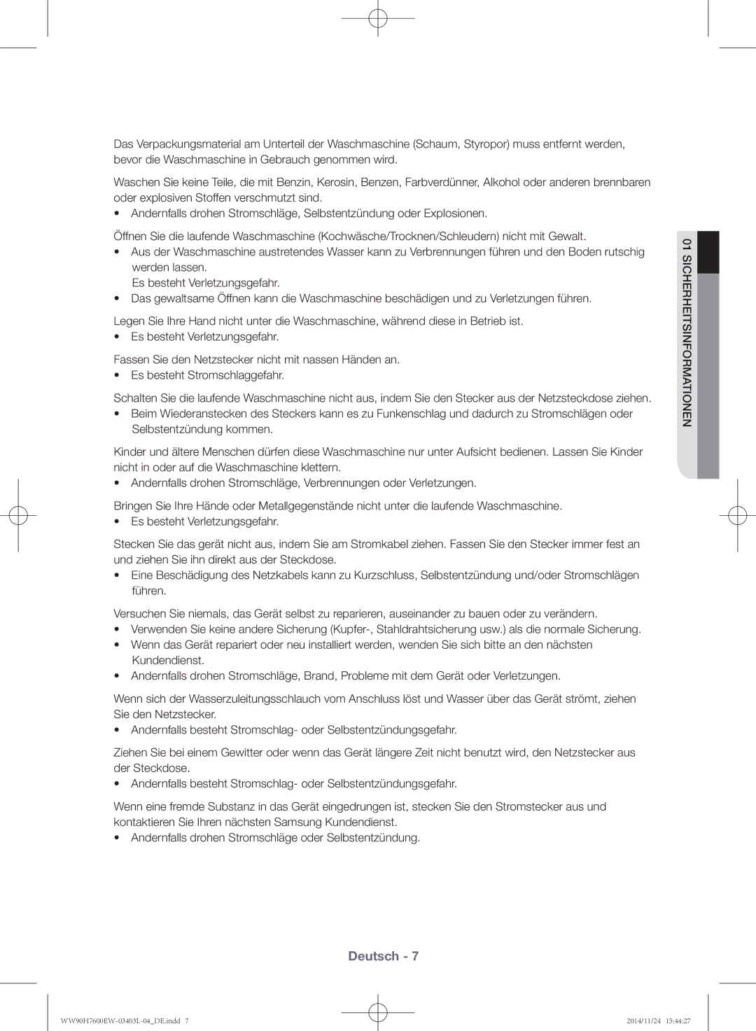 Samsung WW80H7400EW/EG, WW80H7600EW/EG manual Deutsch 