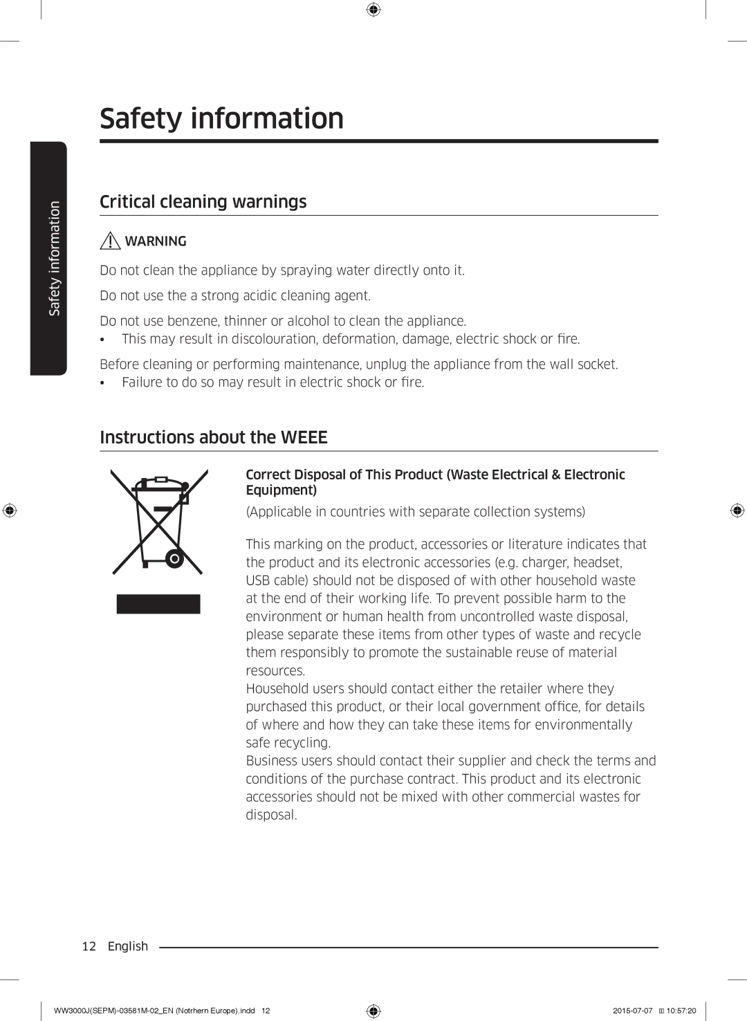 Samsung WW70J3283KW1EE, WW80J3283KW/EE, WW70J3483KW1EE manual Critical cleaning warnings, Instructions about the Weee 