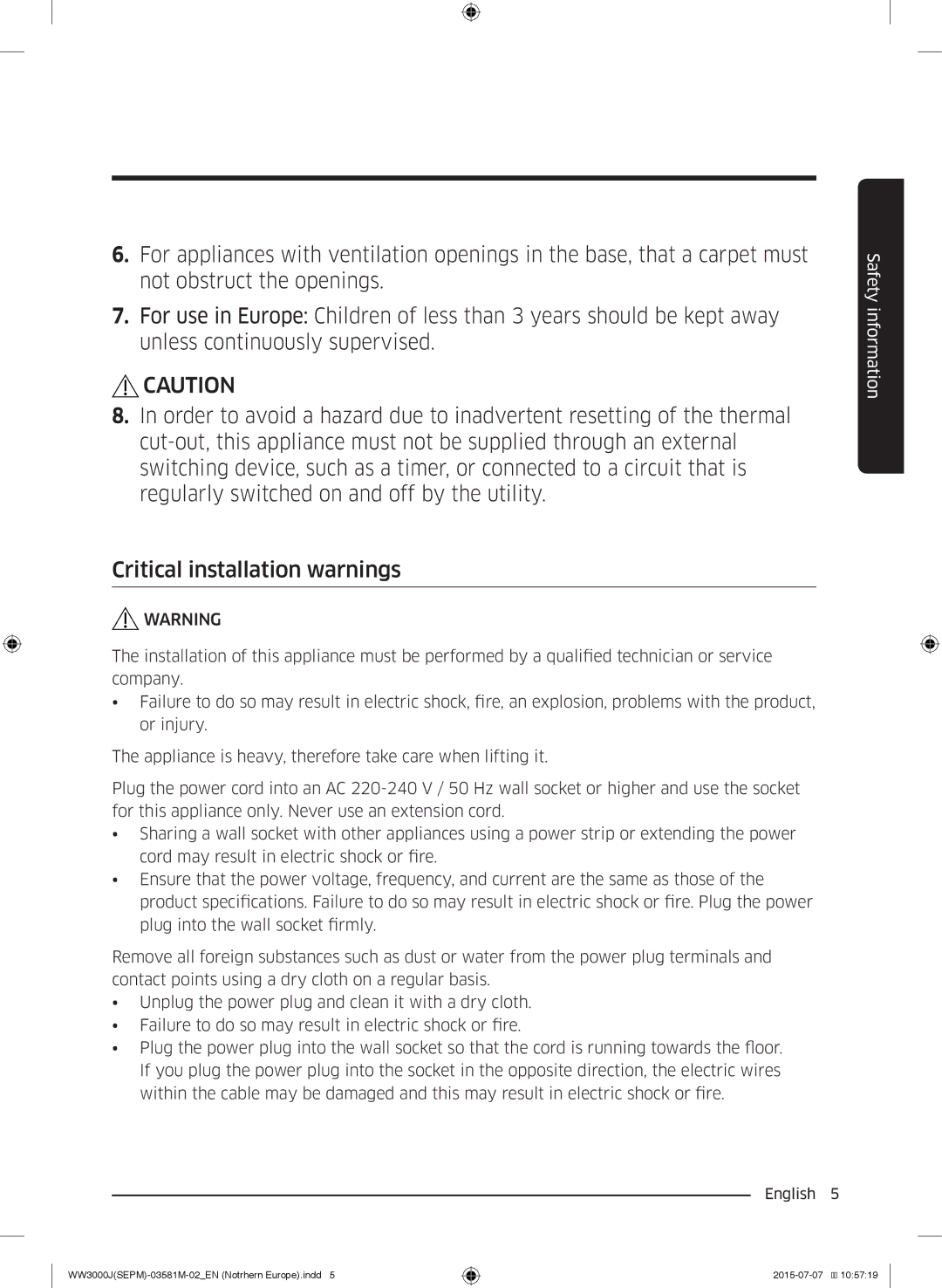 Samsung WW80J3473KW/EE, WW80J3283KW/EE, WW70J3283KW1EE, WW70J3483KW1EE, WW60J3283LW/EE manual Safety information 