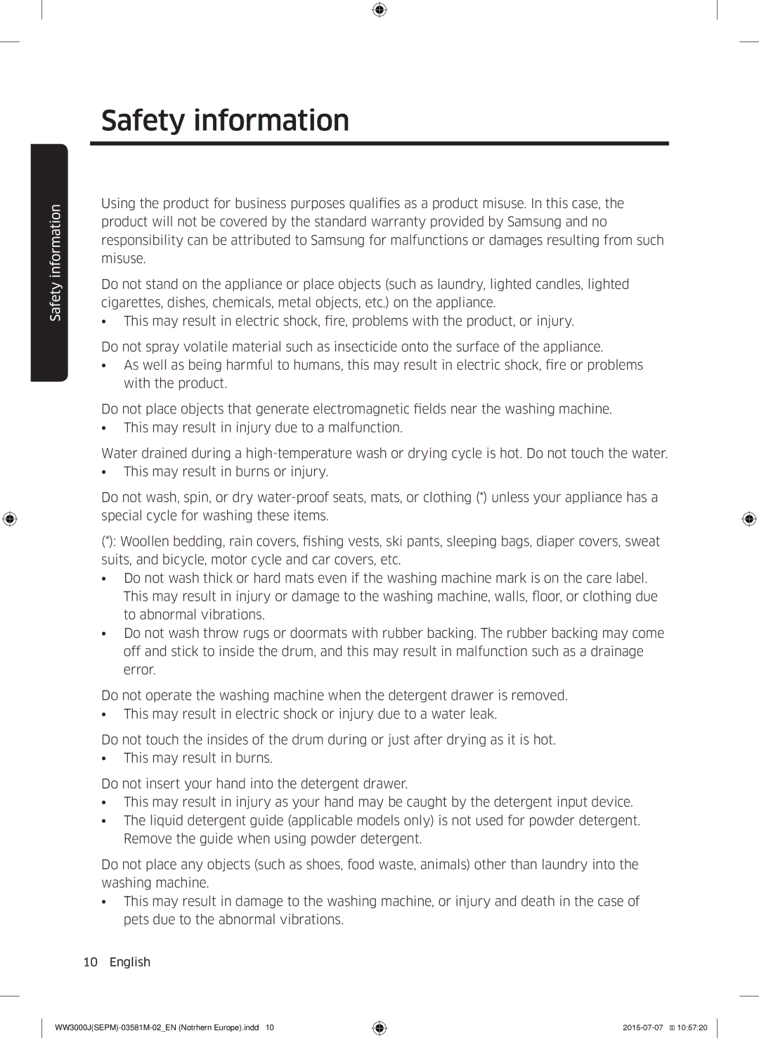 Samsung WW80J3473KW/EE, WW80J3283KW/EE, WW70J3283KW1EE, WW70J3483KW1EE, WW60J3283LW/EE manual Safety information 