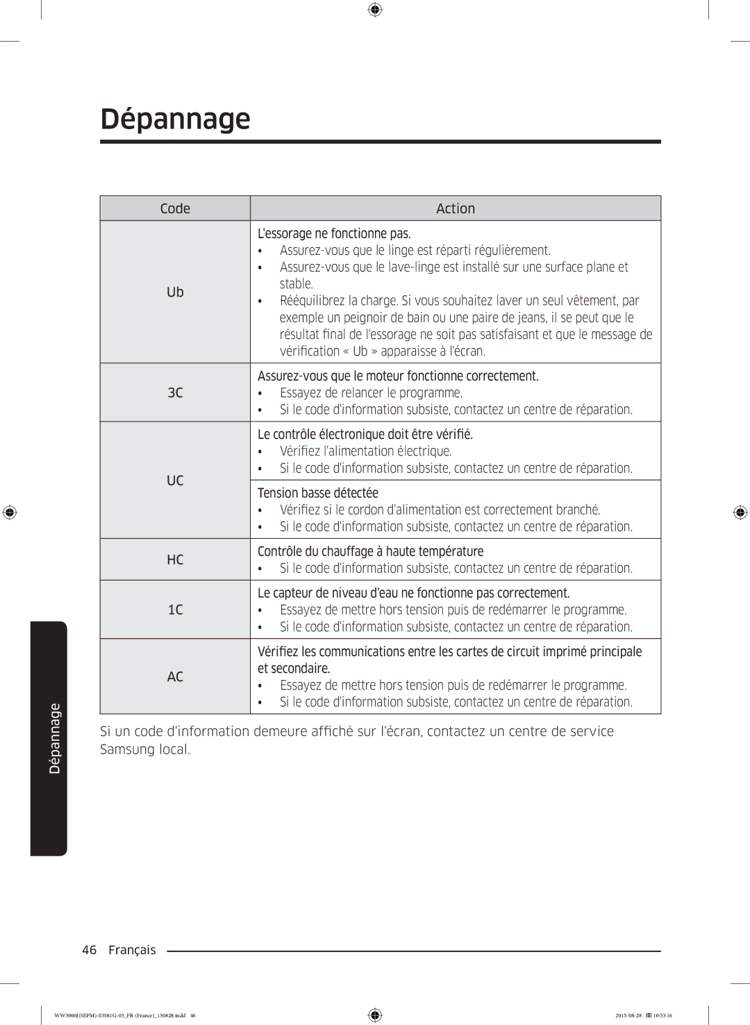 Samsung WW70J3283KW1EF, WW80J3467KW/EF, WW80J3283KW/EF, WW70J3467KW1EF manual Vérification « Ub » apparaisse à lécran 