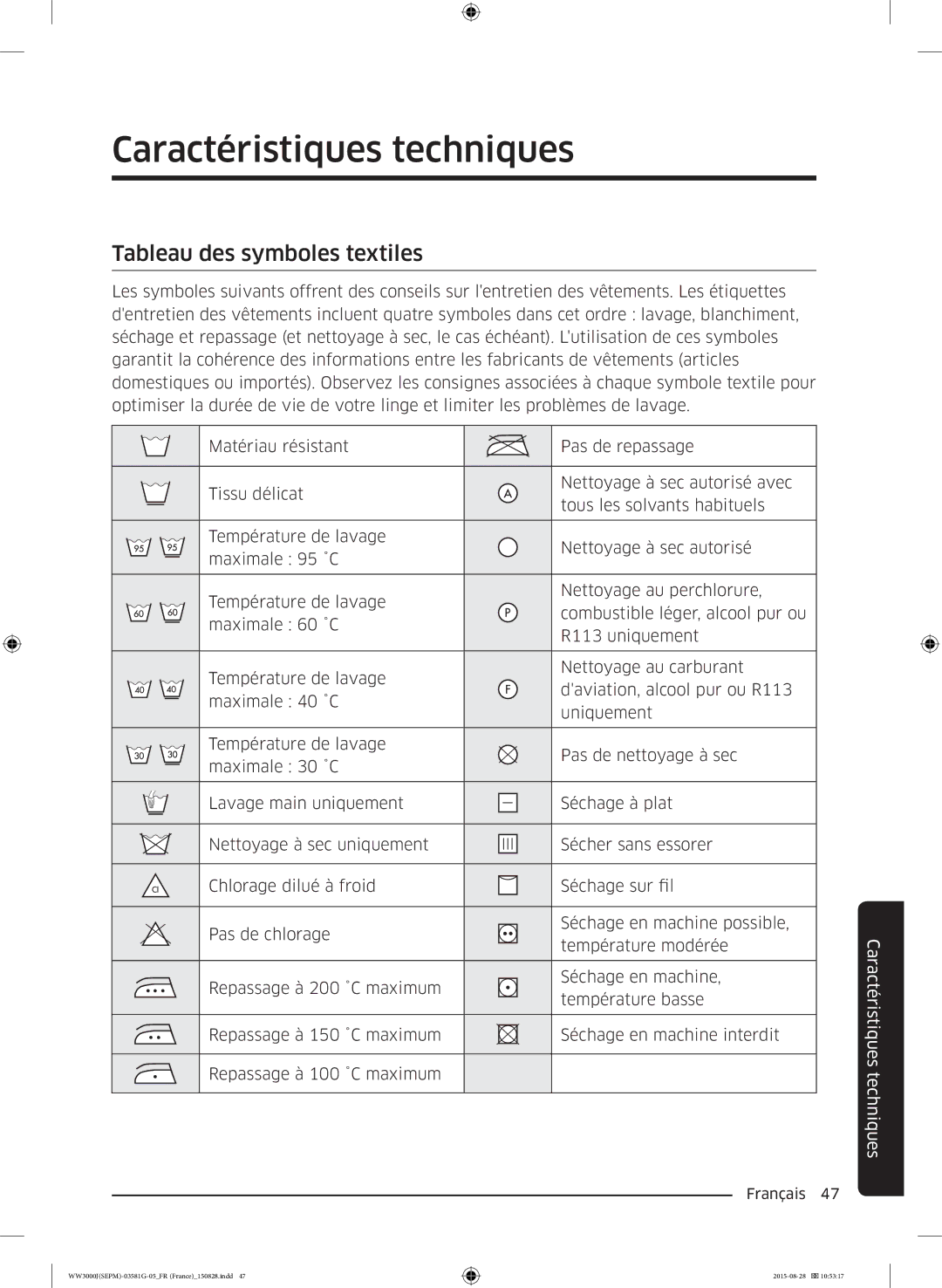 Samsung WW90J3283KW/EF, WW80J3467KW/EF, WW80J3283KW/EF manual Caractéristiques techniques, Tableau des symboles textiles 