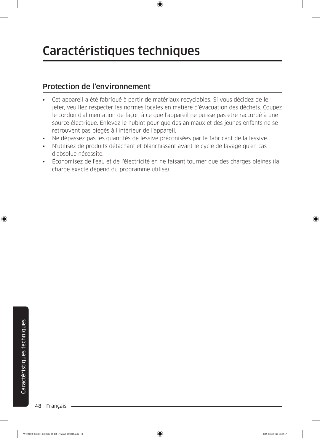 Samsung WW80J3467KW/EF, WW80J3283KW/EF, WW70J3467KW1EF, WW80J3483KW/EF, WW60J3283LW/EF manual Protection de l’environnement 