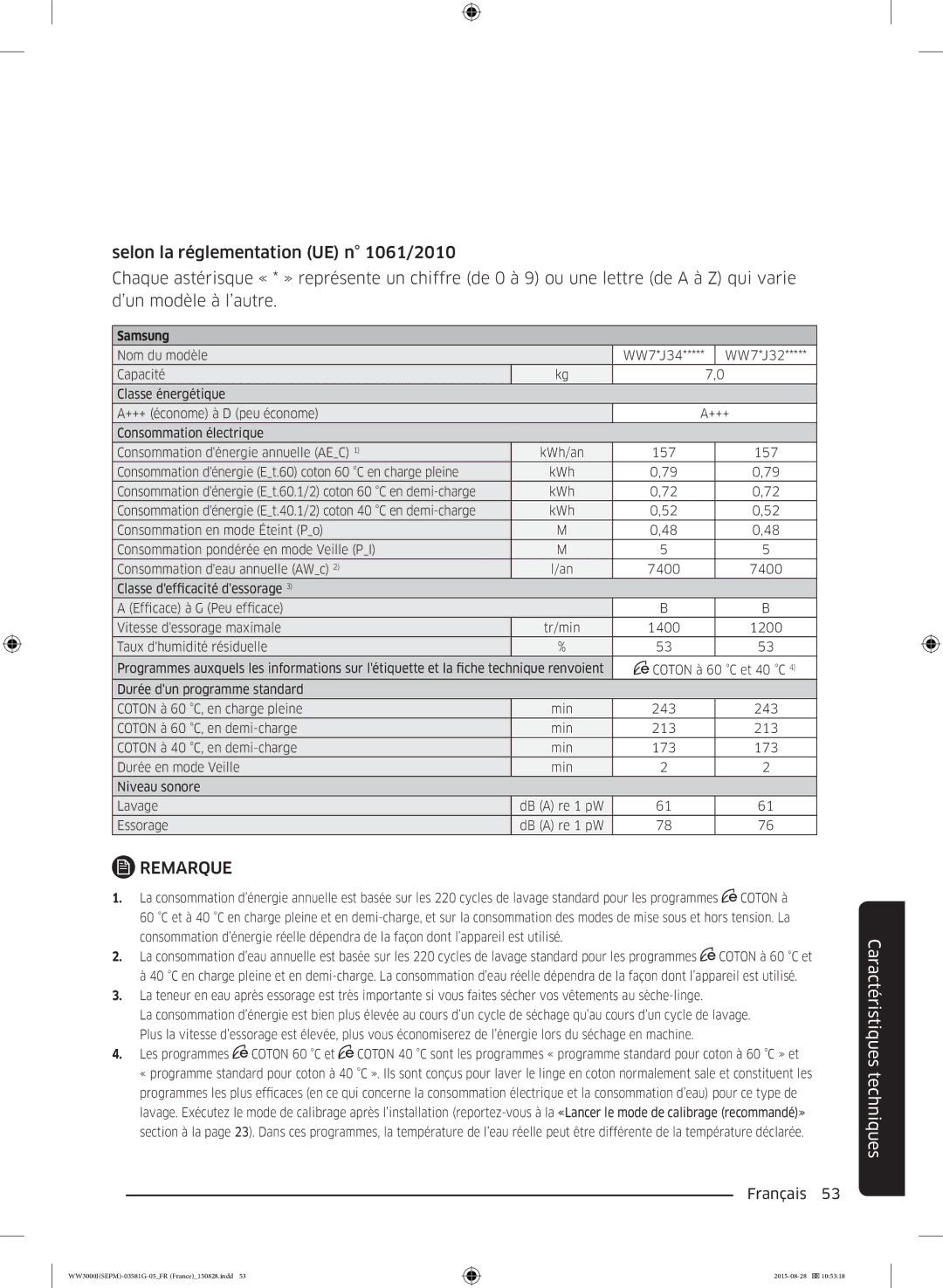 Samsung WW70J3483KW1EF, WW80J3467KW/EF, WW80J3283KW/EF, WW70J3467KW1EF, WW80J3483KW/EF, WW60J3283LW/EF, WW70J3283KW1EF Remarque 