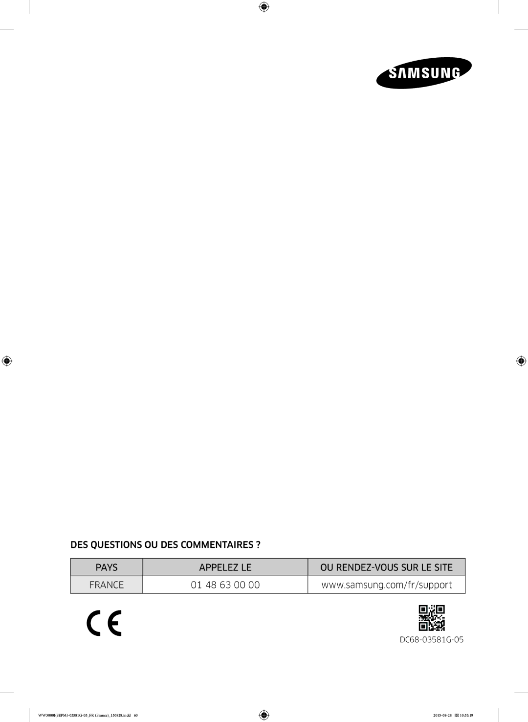 Samsung WW60J3283LW/EF, WW80J3467KW/EF, WW80J3283KW/EF, WW70J3467KW1EF, WW80J3483KW/EF, WW70J3483KW1EF manual 01 48 63 00 