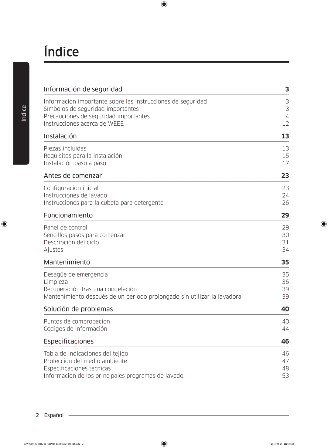 Samsung WW60J3283LW/EC, WW80J3483KW/EC, WW70J3283KW1EC, WW80J3280KW/EC, WW80J3283KW/EC manual Índice 