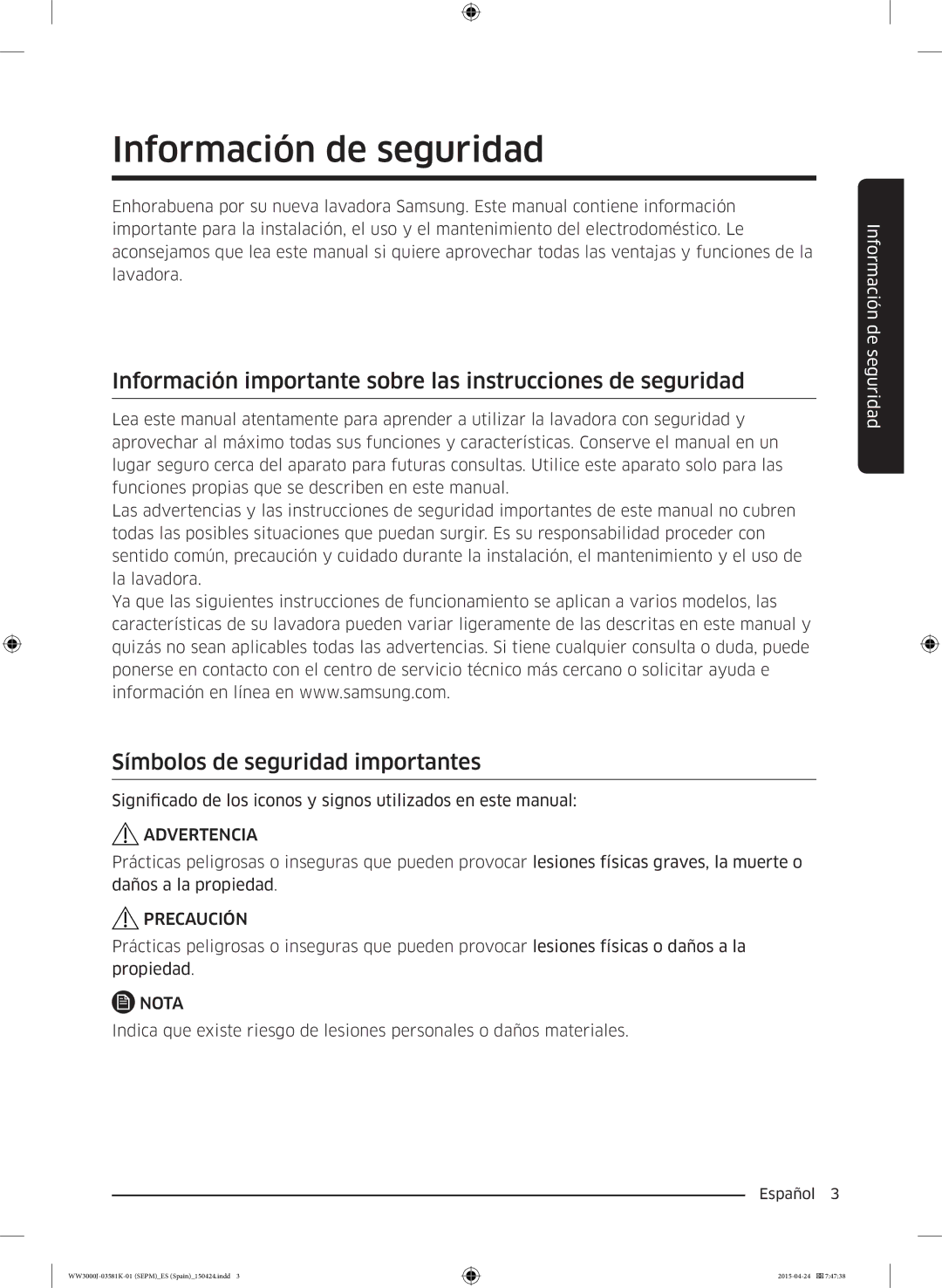 Samsung WW70J3283KW1EC Información importante sobre las instrucciones de seguridad, Símbolos de seguridad importantes 