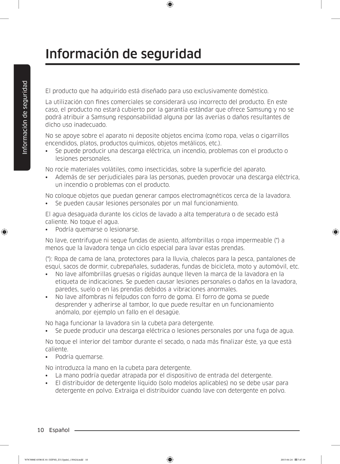 Samsung WW80J3283KW/EC, WW80J3483KW/EC, WW60J3283LW/EC, WW70J3283KW1EC, WW80J3280KW/EC manual Información de seguridad 