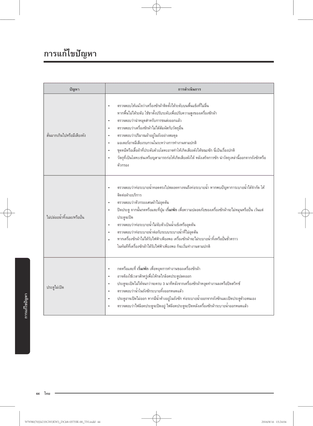 Samsung WW80J42G0BW/SV manual ปัญหา, ตรวจสอบว่าตัวกรองเศษผ้าไม่อุดตัน, ประตูจะปิด, ประตูไม่เปิด 