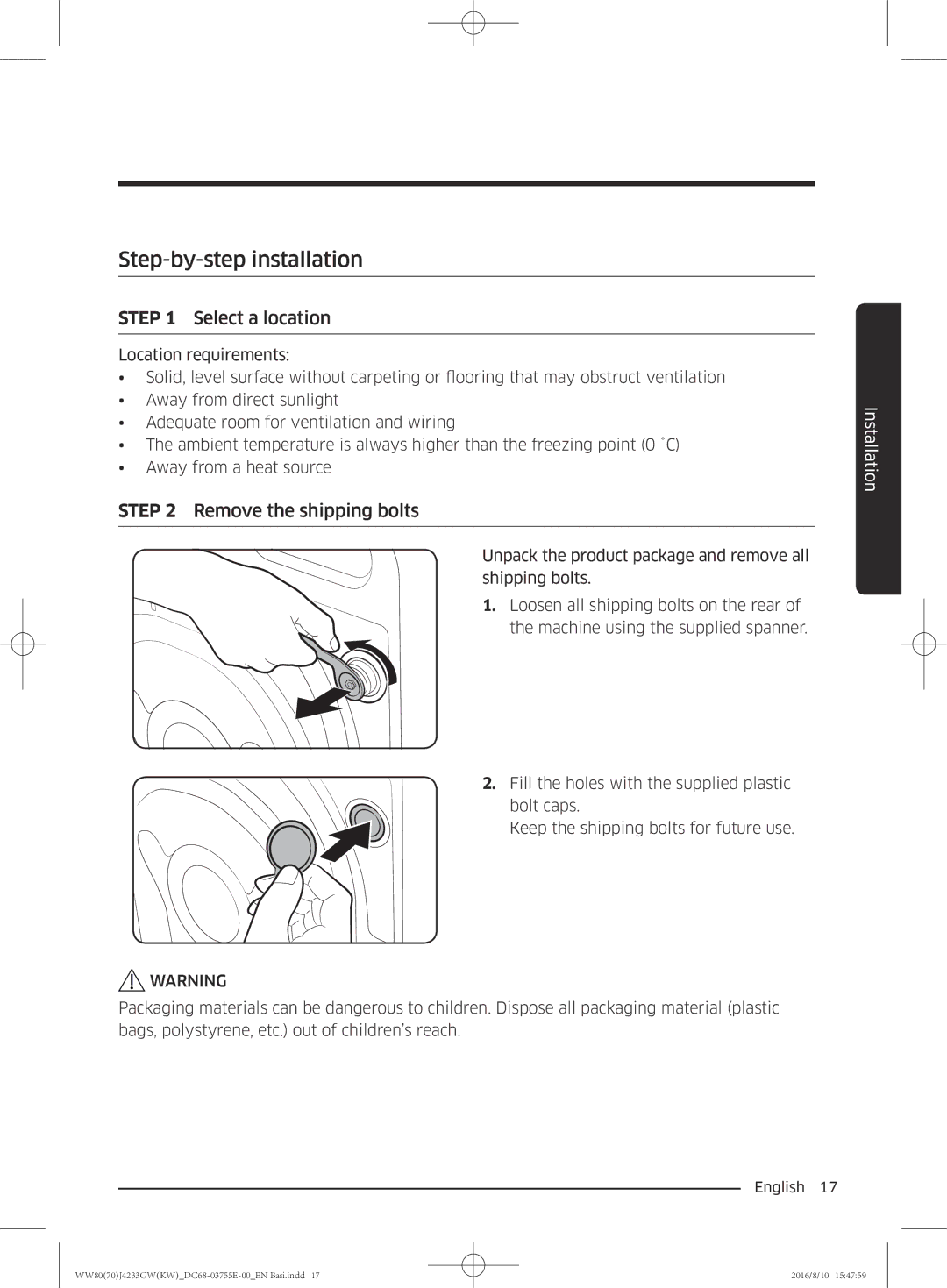 Samsung WW80J42G0BW/SV manual Step-by-step installation, Select a location 