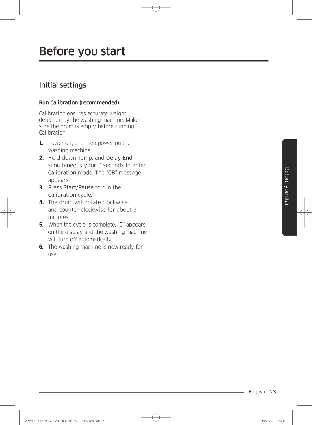 Samsung WW80J42G0BW/SV manual Before you start, Initial settings 