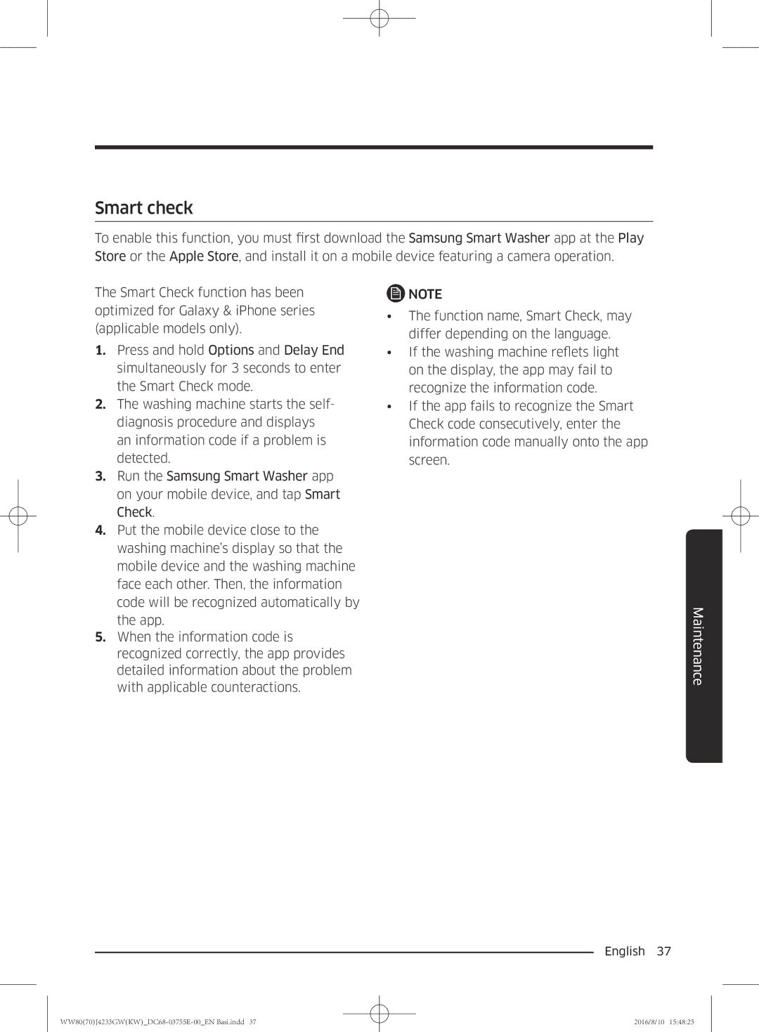 Samsung WW80J42G0BW/SV manual Smart check 