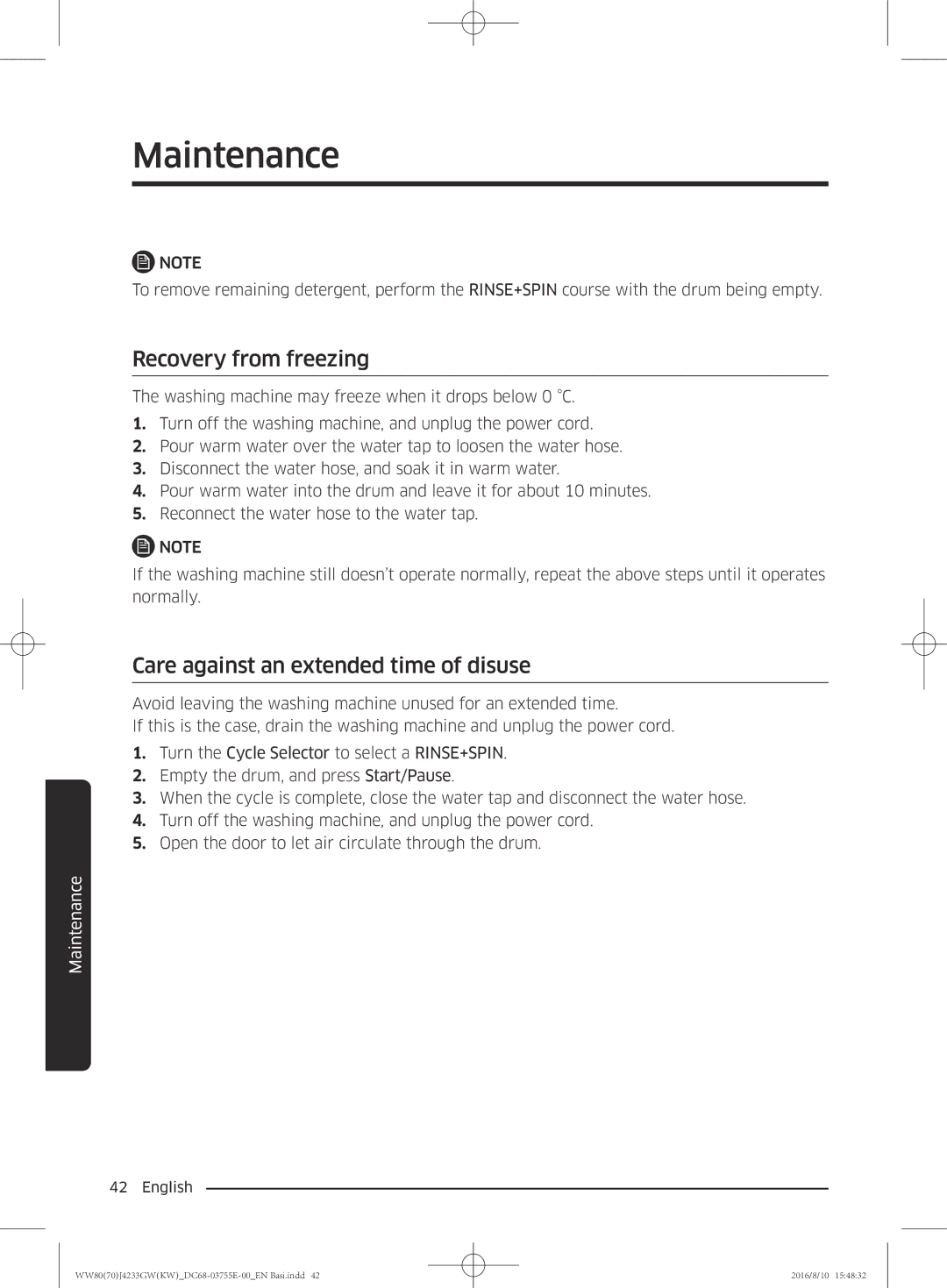 Samsung WW80J42G0BW/SV manual Recovery from freezing, Care against an extended time of disuse 