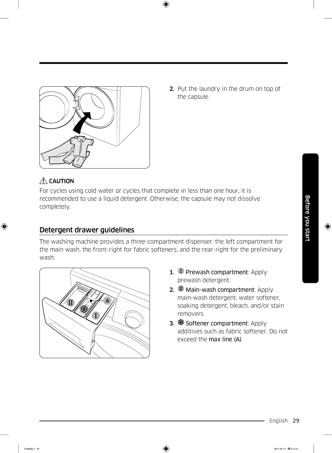 Samsung WW70J5355DW/EC, WW80J5355DW/EP, WW80J5355DW/EC, WW80J5355MW/EC, WW80J5355MW/EP manual Detergent drawer guidelines 