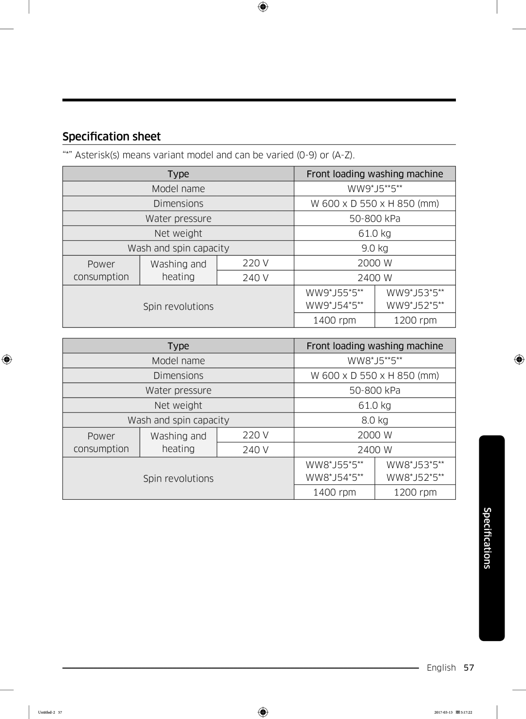 Samsung WW80J5355DW/EC, WW80J5355DW/EP, WW80J5355MW/EC, WW80J5355MW/EP, WW70J5355MW/EP, WW70J5355DW/EC Specification sheet 