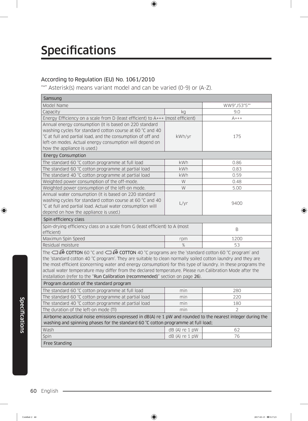 Samsung WW70J5355MW/EP, WW80J5355DW/EP, WW80J5355DW/EC, WW80J5355MW/EC, WW80J5355MW/EP, WW70J5355DW/EC manual Specifications 