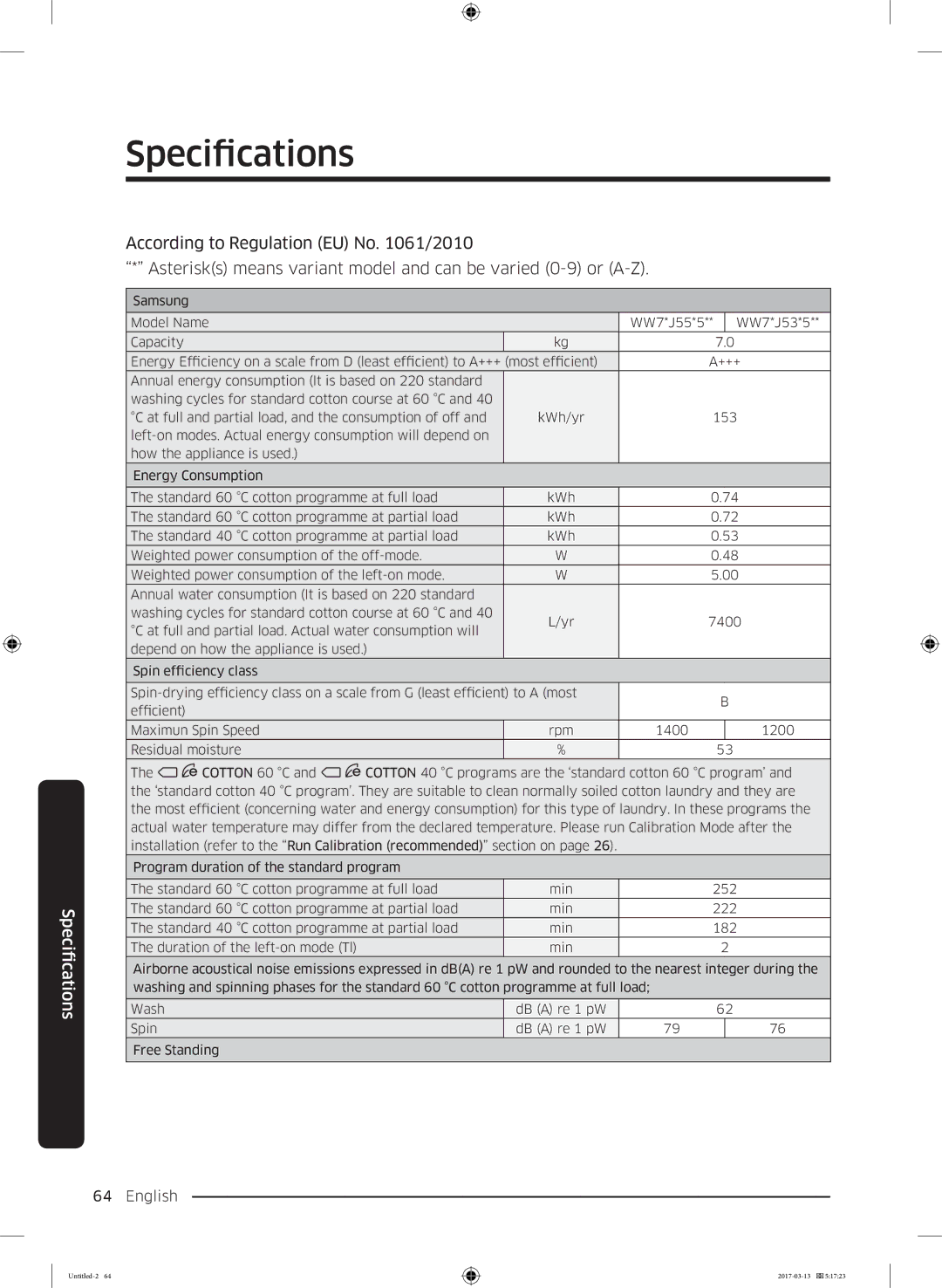 Samsung WW80J5355DW/EP, WW80J5355DW/EC, WW80J5355MW/EC, WW80J5355MW/EP, WW70J5355MW/EP, WW70J5355DW/EC manual Specifications 