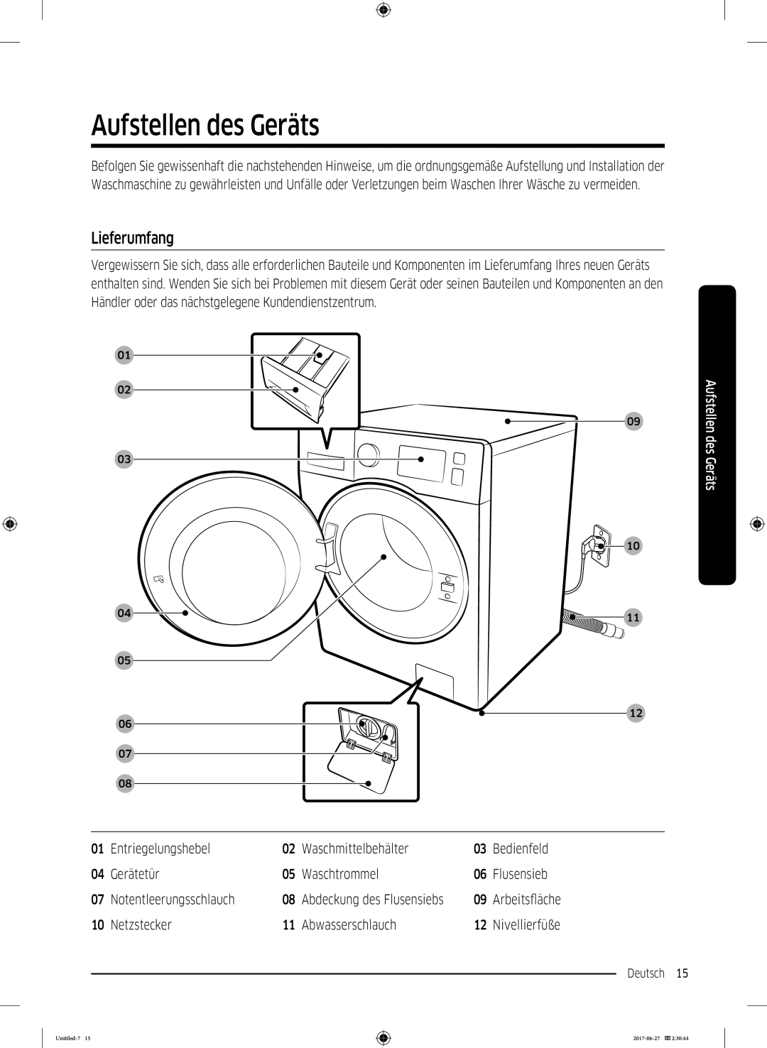 Samsung WW70J5435FX/EG, WW80J5435DW/EG, WW7EJ5435EW/EG Aufstellen des Geräts, Lieferumfang, Netzstecker Abwasserschlauch 