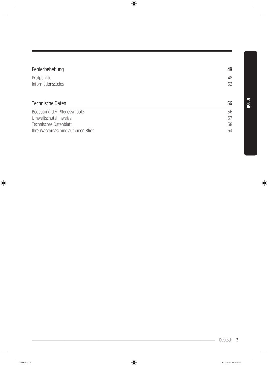 Samsung WW7RJ5535MW/EG Fehlerbehebung, Technische Daten, Prüfpunkte Informationscodes, Ihre Waschmaschine auf einen Blick 