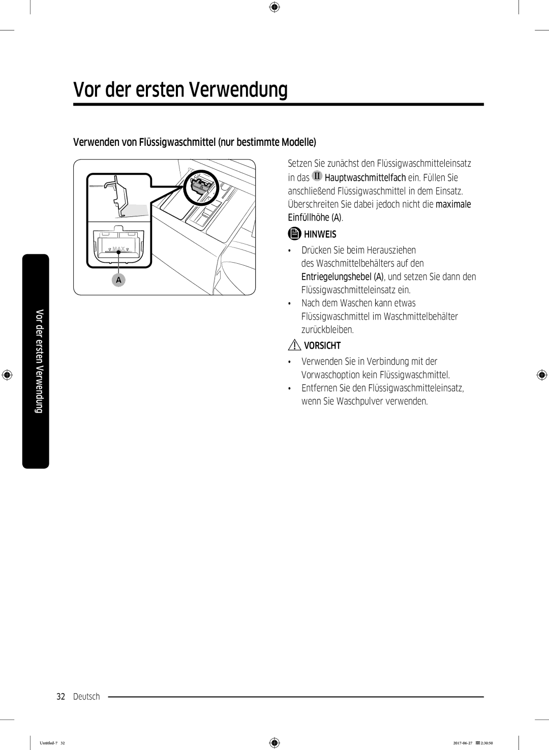 Samsung WW80J5435DW/EG, WW7EJ5435EW/EG, WW8EJ5435EW/EG manual Verwenden von Flüssigwaschmittel nur bestimmte Modelle 