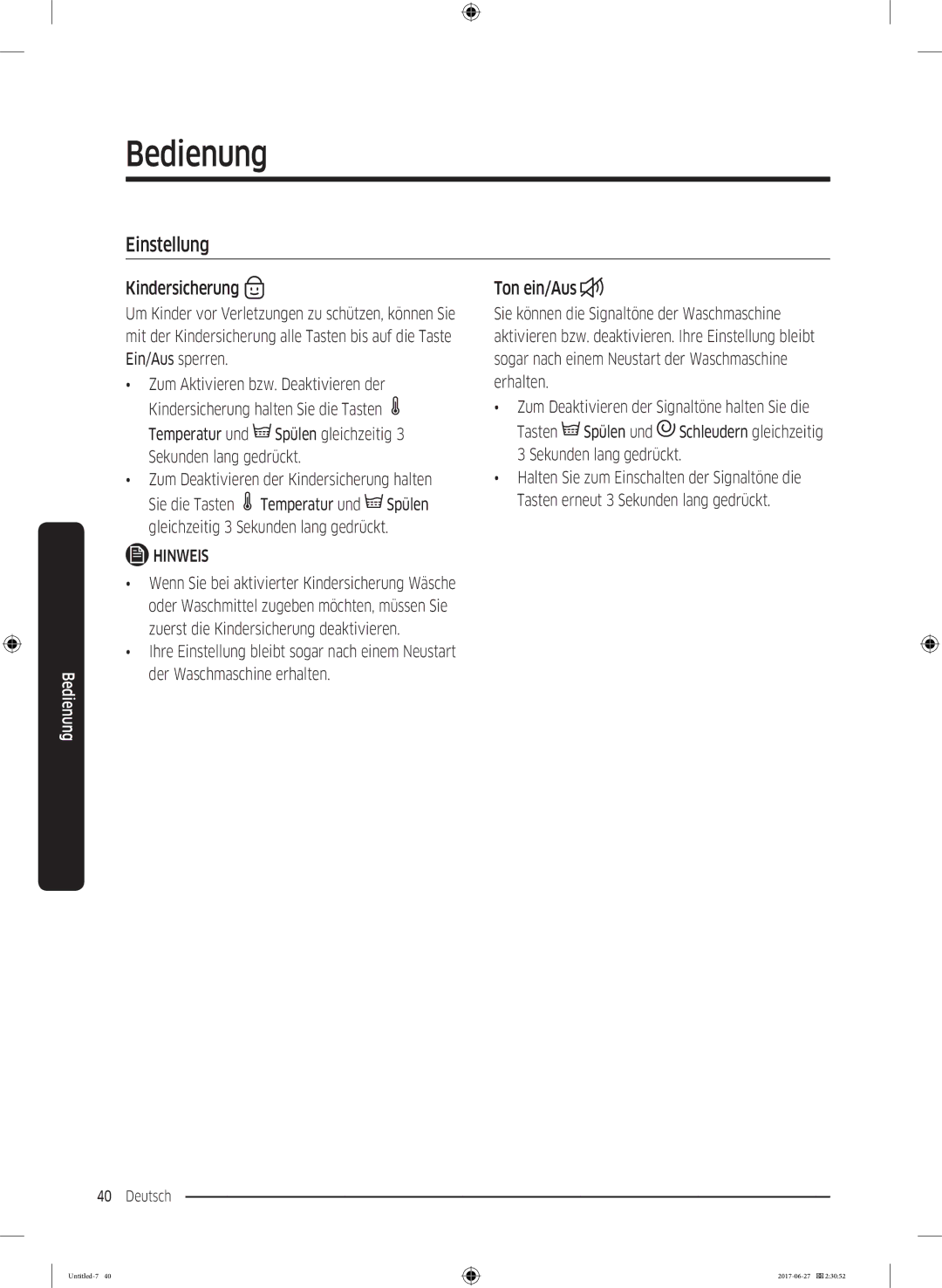 Samsung WW80J5435DW/EG, WW7EJ5435EW/EG, WW8EJ5435EW/EG, WW7RJ5535MW/EG manual Einstellung, Kindersicherung, Ton ein/Aus 