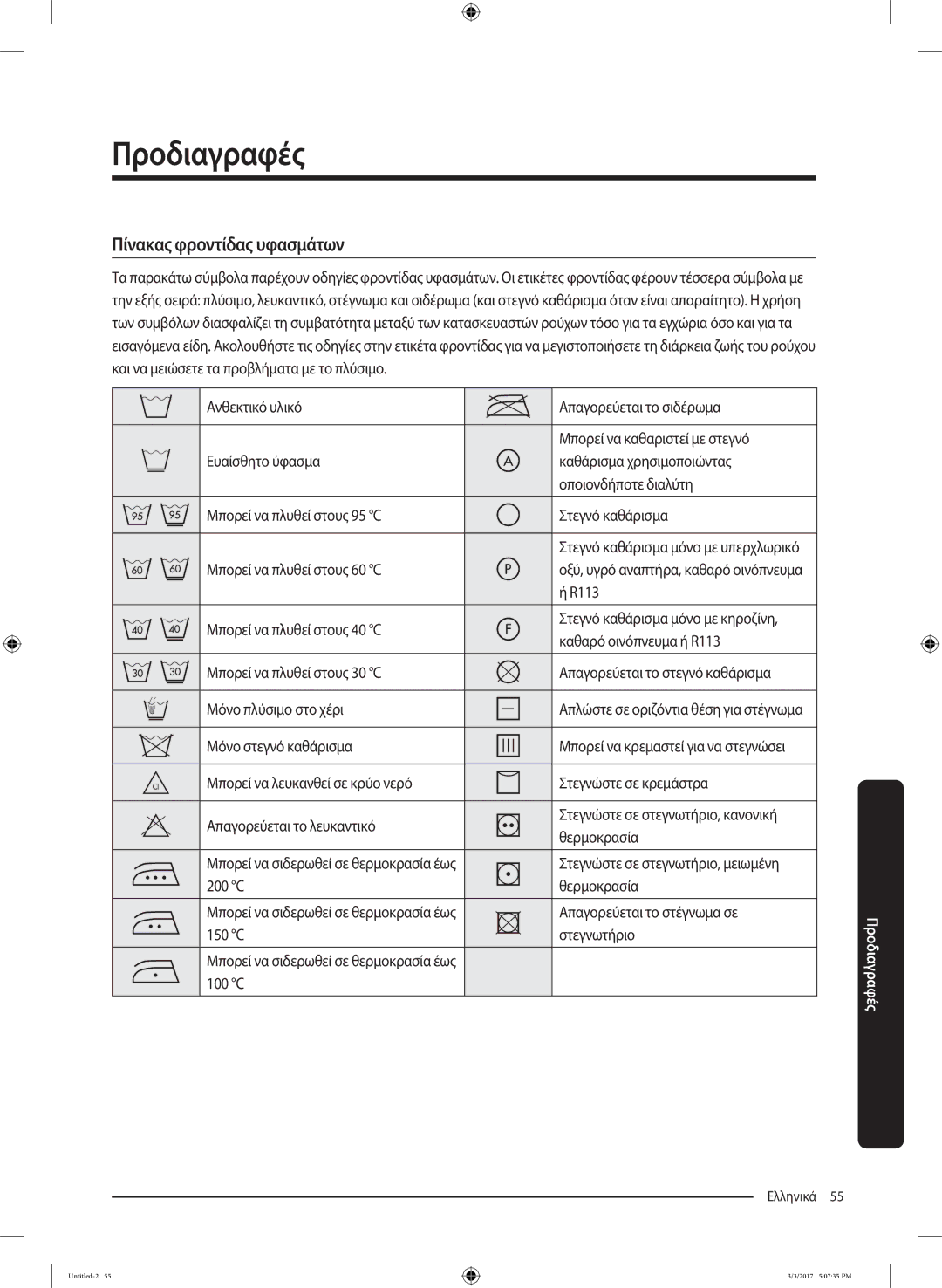 Samsung WW90J5445FW/LV, WW80J5445FW/LV, WW80J5245FW/LV manual Προδιαγραφές, Πίνακας φροντίδας υφασμάτων 