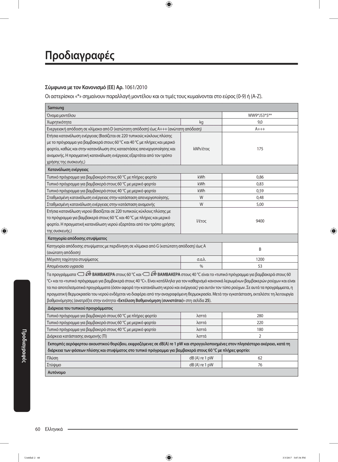 Samsung WW80J5445FW/LV, WW90J5445FW/LV, WW80J5245FW/LV manual 60 Ελληνικά 