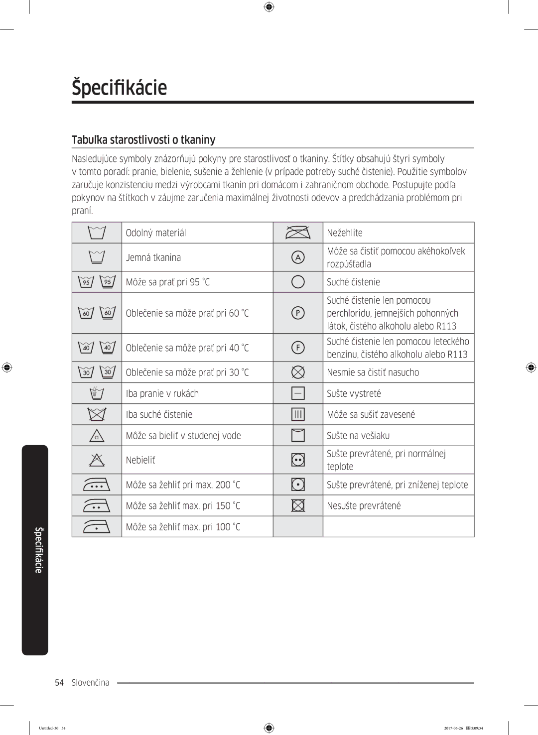 Samsung WW70J5446DW/ZE, WW80J5446FW/ZE, WW70J5446FW/ZE manual Špecifikácie, Tabuľka starostlivosti o tkaniny, Rozpúšťadla 