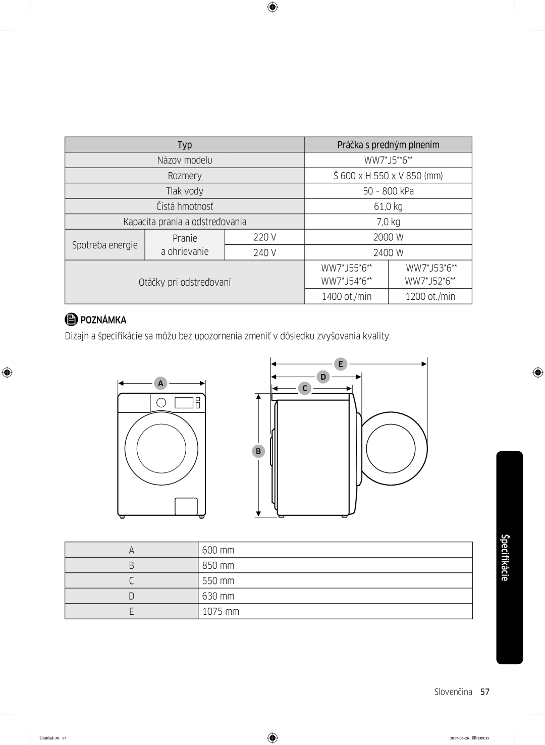 Samsung WW90J5446FW/ZE, WW80J5446FW/ZE, WW70J5446FW/ZE, WW70J5446EW/ZE manual Typ Práčka s predným plnením, WW7*J53*6 