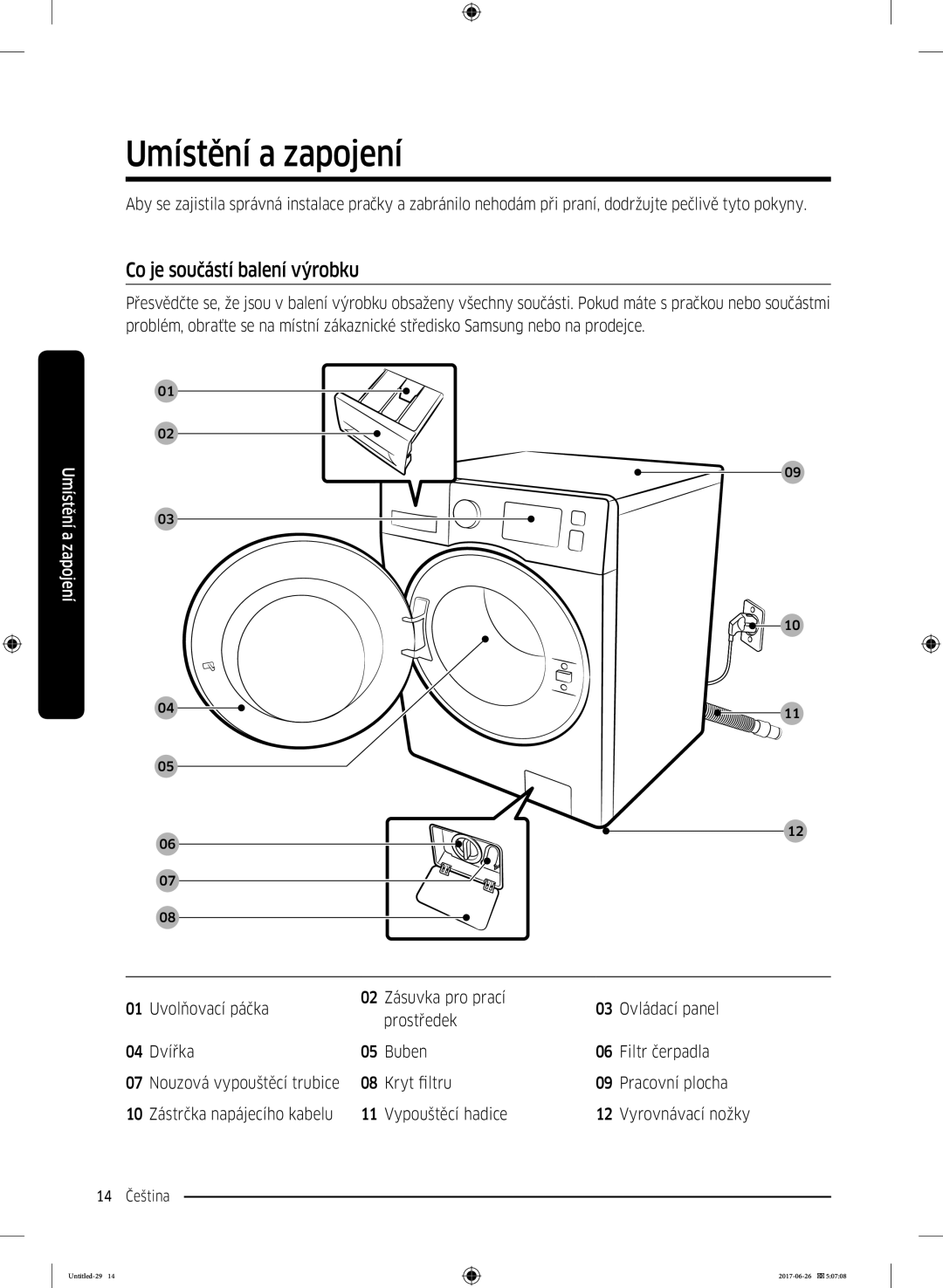 Samsung WW70J5446DW/ZE, WW80J5446FW/ZE, WW70J5446FW/ZE, WW70J5446EW/ZE Umístění a zapojení, Co je součástí balení výrobku 